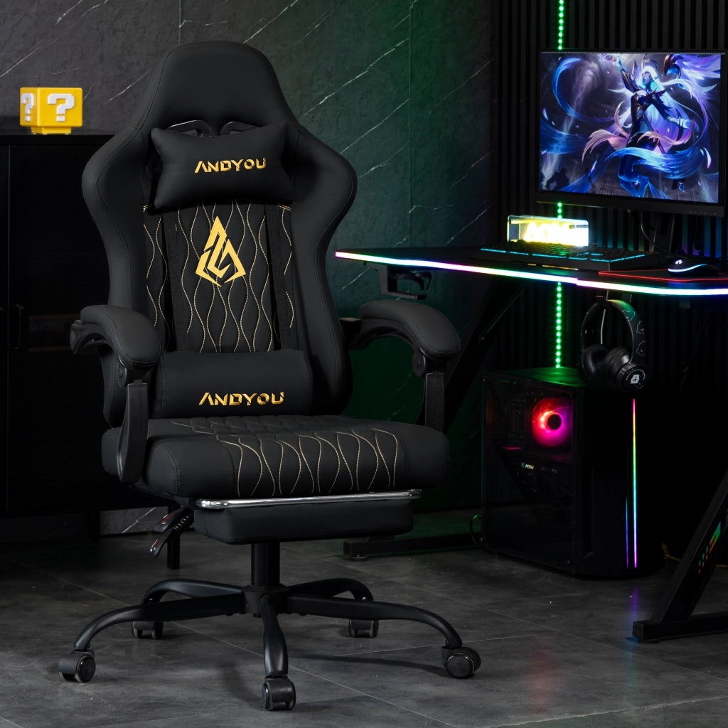 Sedia da Gaming con Poggiapiedi ¨C Zephmum ¨C Nero, Pelle Sintetica