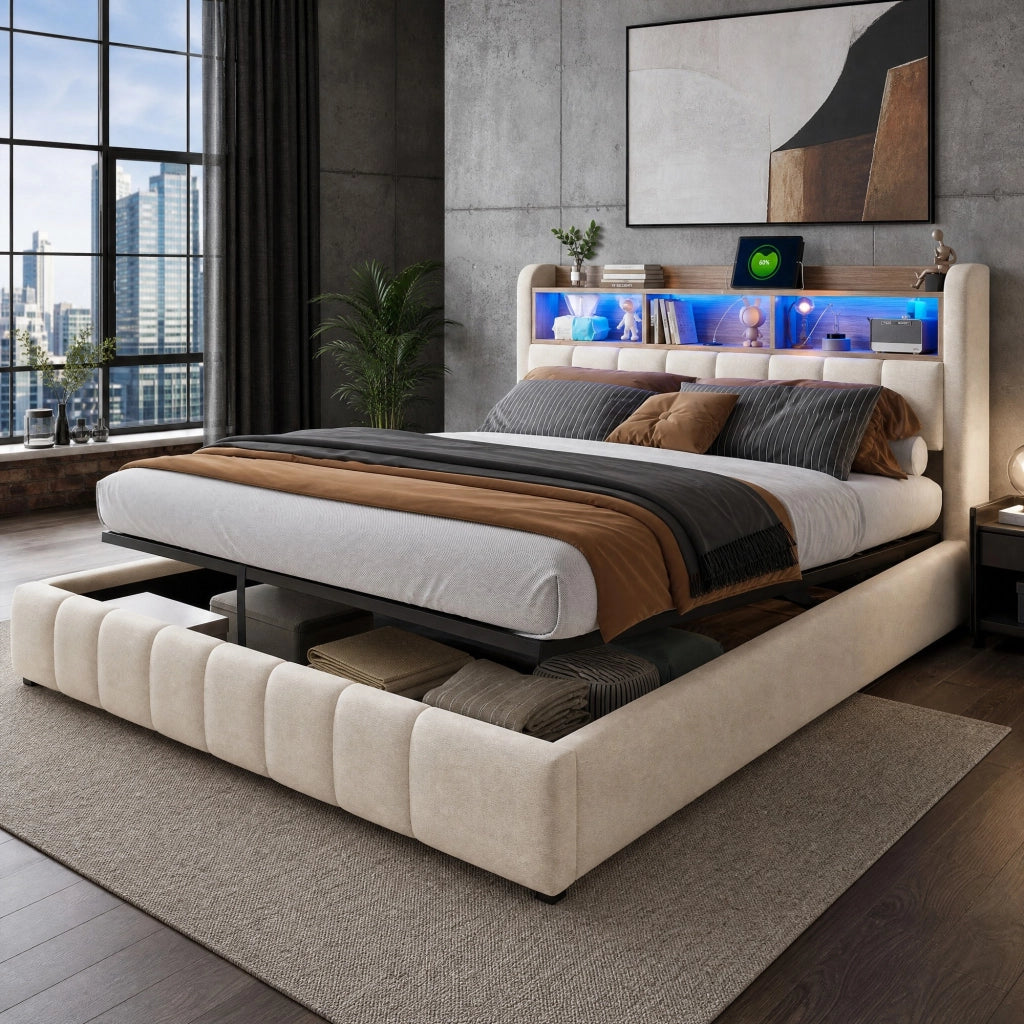 Letto imbottito 180x200 cm con LED, USB-C, contenitore idraulico e testiera con ripiani