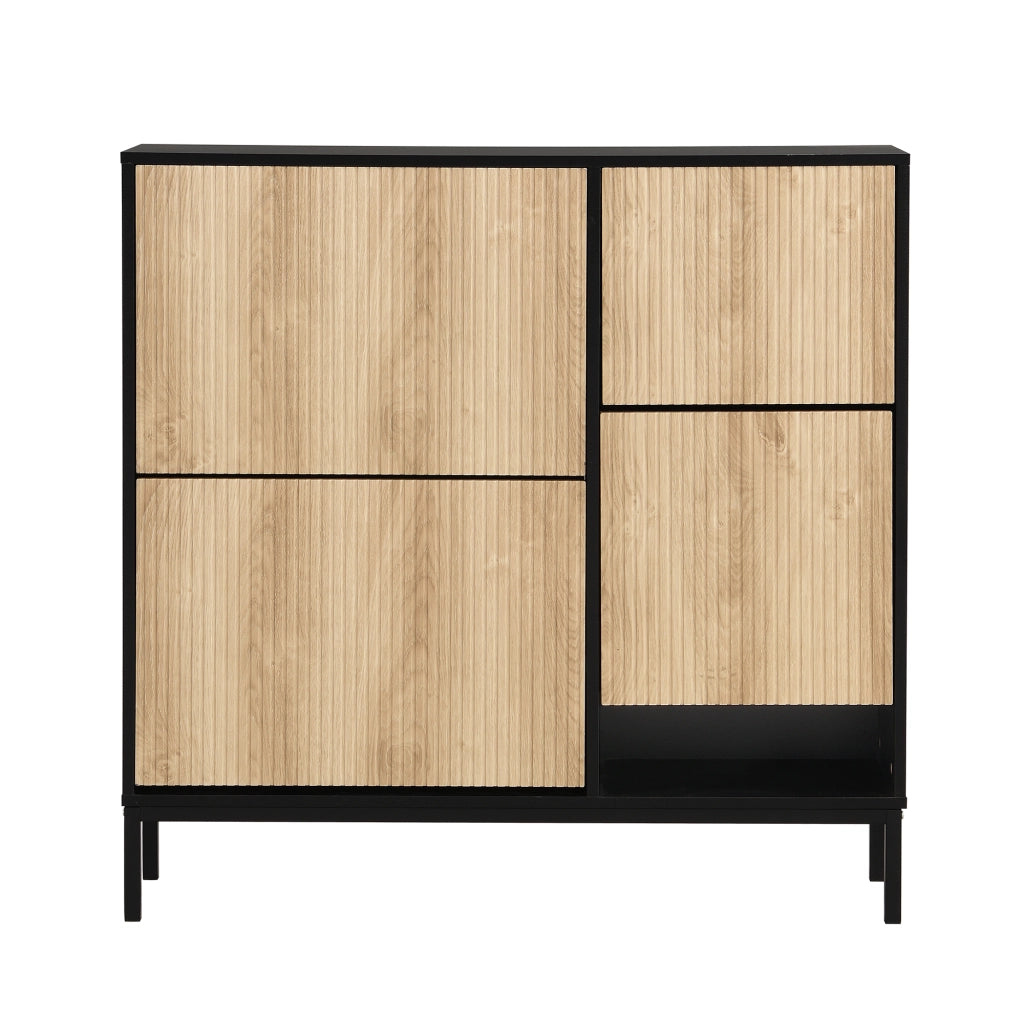 Scarpiera con panca estraibile e ripiani doppi in MDF, vano aperto, per ingresso, nero e naturale 100 × 100 × 25 cm