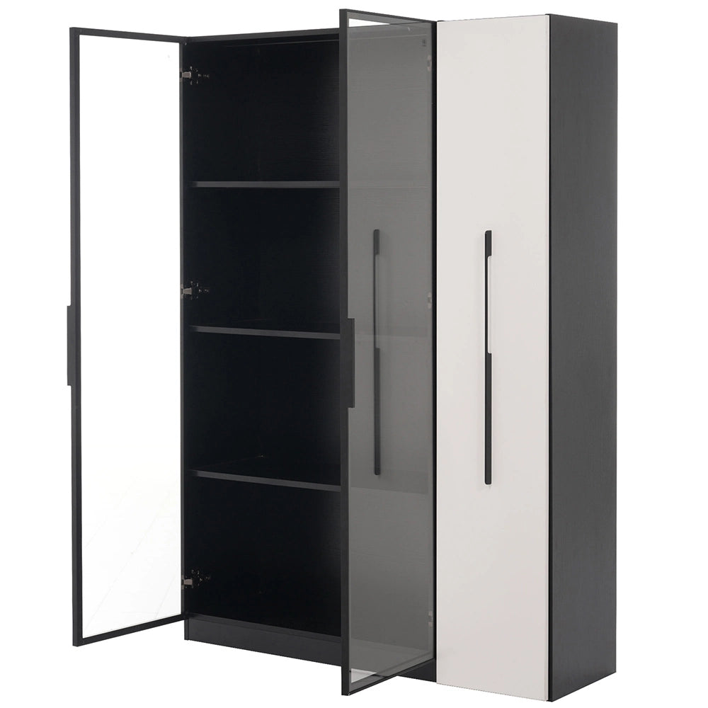 Armadio multifunzionale - Xylo - 110,5x35x160cm - Bianco e nero - Vetrina con porta in vetro e LED, cassetto scorrevole, ruote