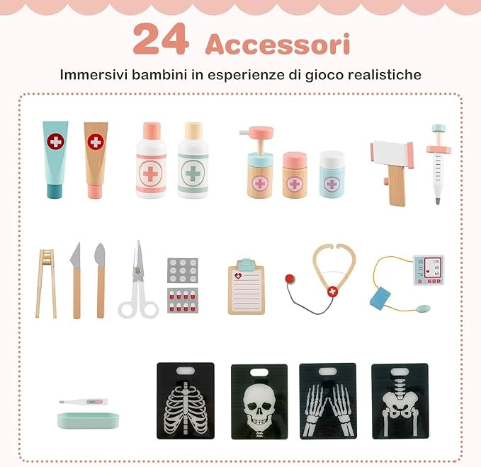 Set da Gioco Dottore in Legno, Centro Medico per Bambini con Orologio, Lavandino, Tabella Oculistica, Monitor ECG, Area Esame e 24 Accessori Giocattolo, 97 × 30,5 × 88 cm (Rosa)