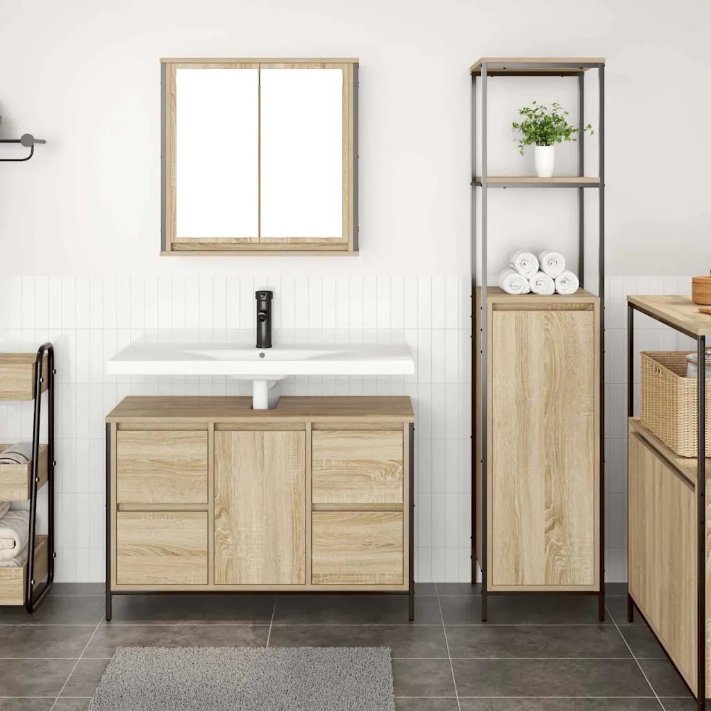 Set di mobili per il Bagno | Armadio da bagno con porta 2 pz Rovere Sonoma e Nero