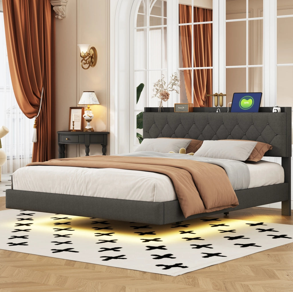 Letto imbottito matrimoniale 160x200 cm con LED a colori variabili; porta USB; contenitore; grigio