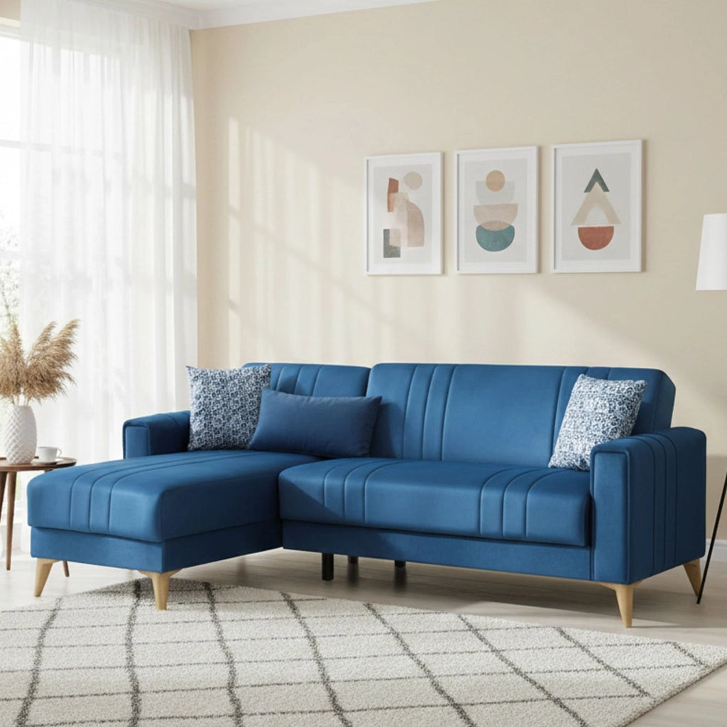 Aronix, Divano Letto con Penisola Contenitore, 225x151 cm blu