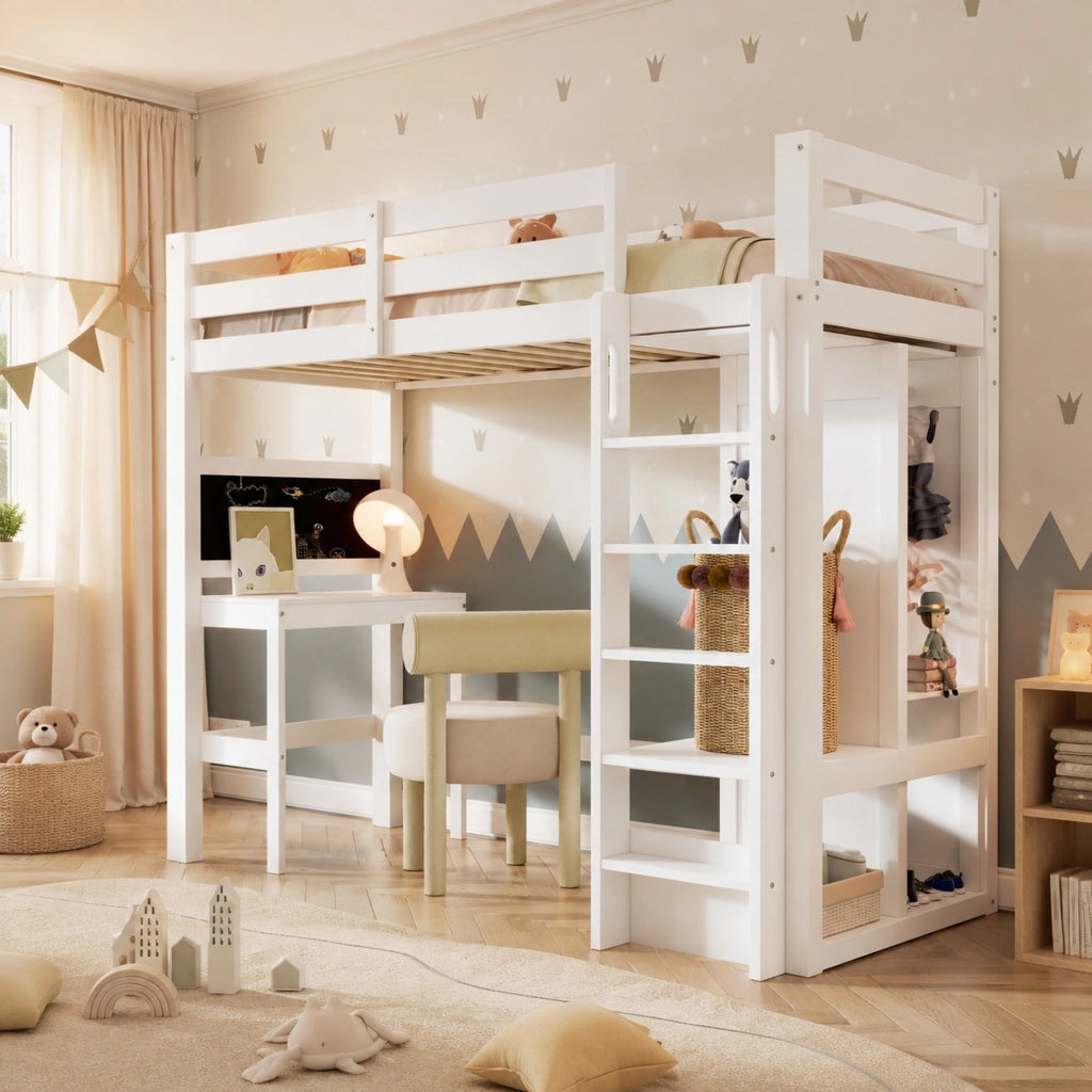 Letto a soppalco 90x200 cm con scrivania; lavagna e armadio aperto; bianco in legno