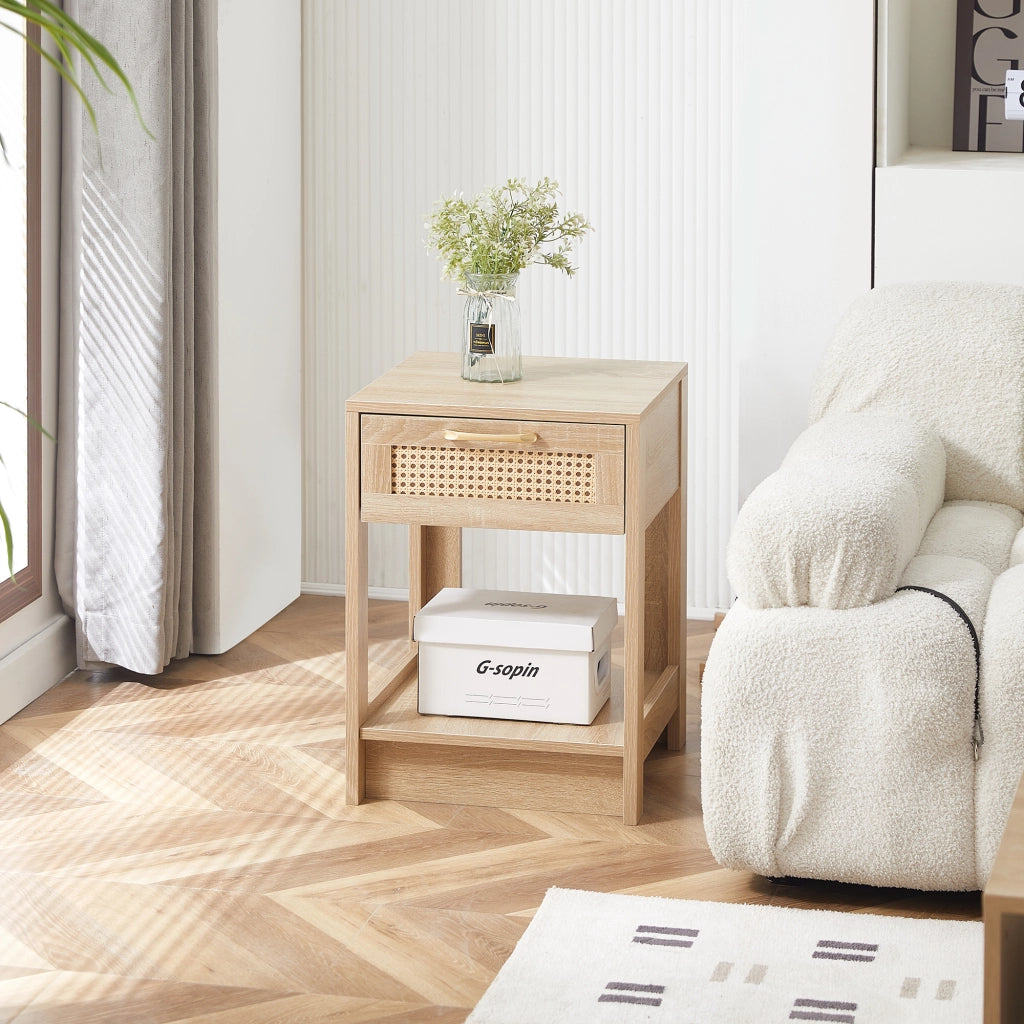 Comodino in MDF con 1 cassetto effetto rattan per camera da letto e soggiorno naturale 40 × 40 × 55 cm