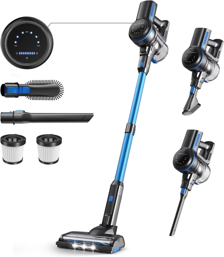 Aspirapolvere senza fili INSE S7P blu con display a LED e spazzola a rullo morbida.