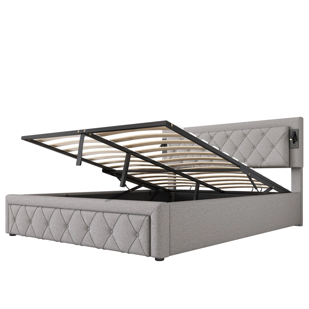 OKWISH Letto Contenitore 160×200 cm, Letto Matrimoniale con Contenitore, USB, Luci da Lettura e Testiera Imbottita, senza Materasso, Grigio