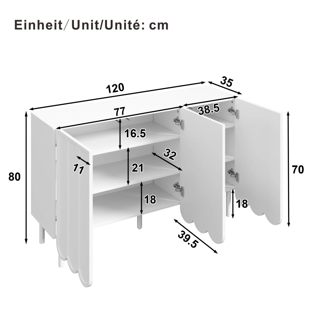 Credenza con 2 ante e ripiani regolabili, ante ondulate, per soggiorno e ingresso, bianco, 120 × 35 × 80 cm
