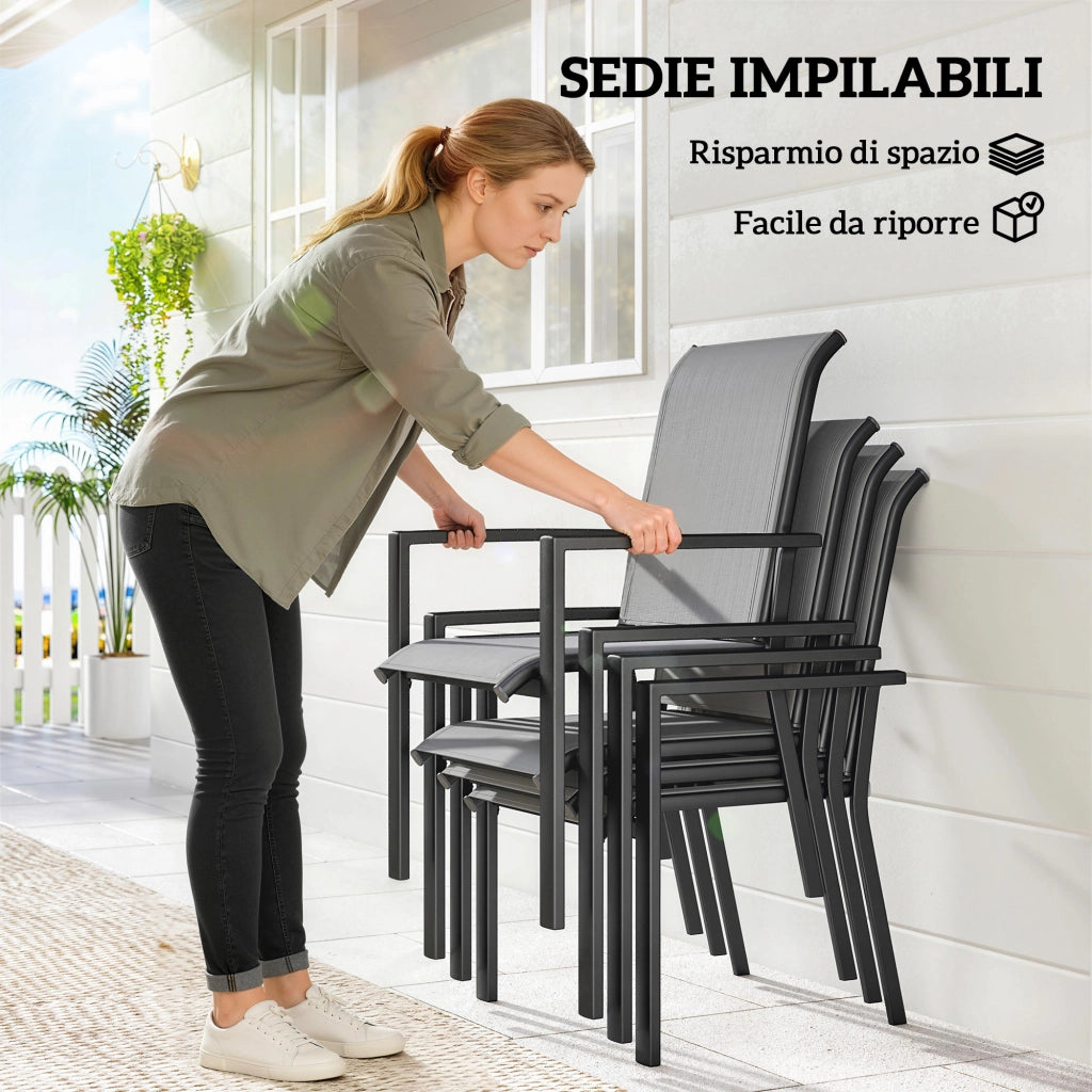 Set 5 Pezzi da Giardino Tavolo con Foro Centrale e Ripiano Inferiore con 4 Sedie Impilabili in Acciaio Grigio