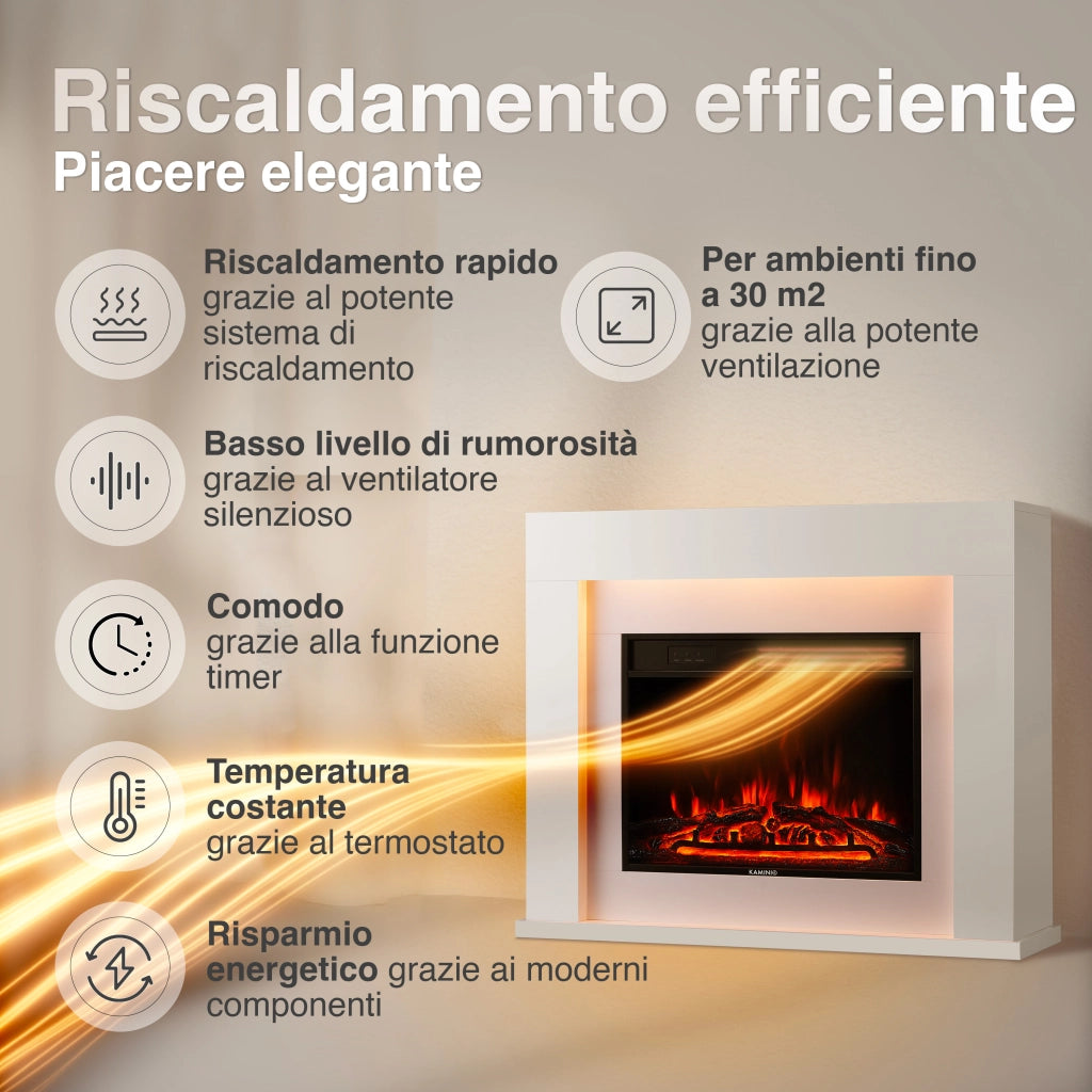 KAMINIO Camino elettrico MATTI - Caminetto da pavimento con riscaldamento, effetto fiamma 3D, luce ambiente a LED, telecomando - 38 pollici, Bianco