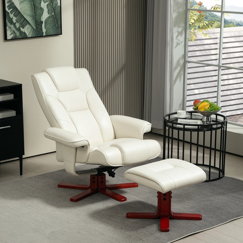 Poltrona relax con pouf reclinabile e funzione dondolo, rivestimento in similpelle crema bianca