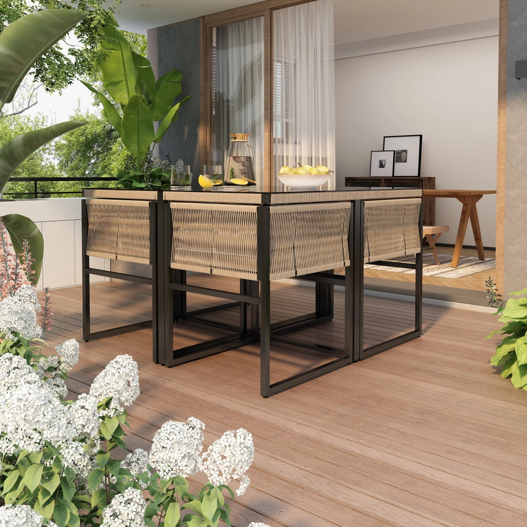 Set pranzo giardino 5 pezzi: tavolo pranzo + 4 sedie impilabili; ferro; vetro sicurezza; beige