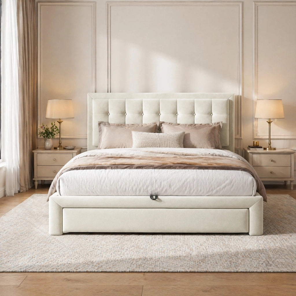 Letto imbottito contenitore in velluto beige con testiera regolabile e 2 cassetti
