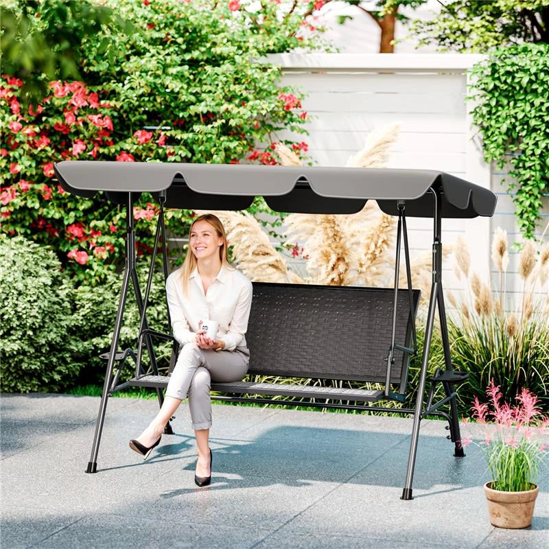 DONDOLO DA GIARDINO 3 POSTI IN RATTAN PE E ACCIAIO CON TETTUCCIO E PORTABICCHIERI, 204X112X150 CM, GRIGIO