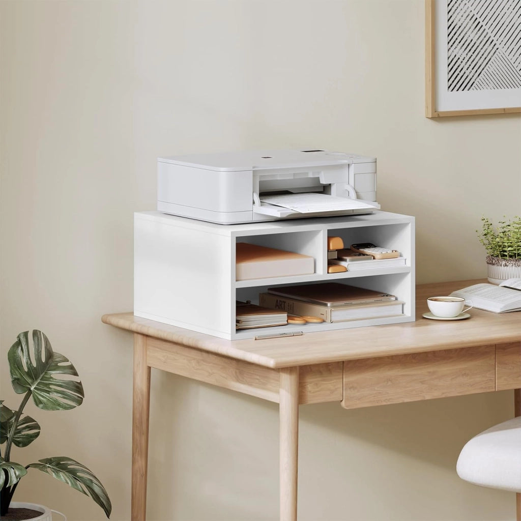 Schedario da Ufficio a 2 Livelli con Custodia, Porta Stampante da Scrivania in Legno con 3 Scomparti per l'Ufficio, 47x40x22,5cm, Bianco, ASK15ws