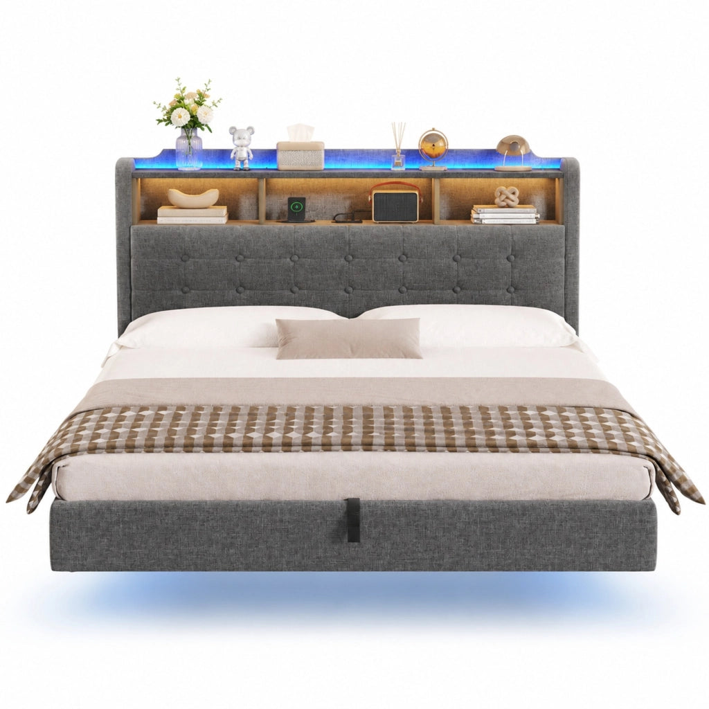 Letto imbottito 180x200 cm con LED, contenitore idraulico e porte USB