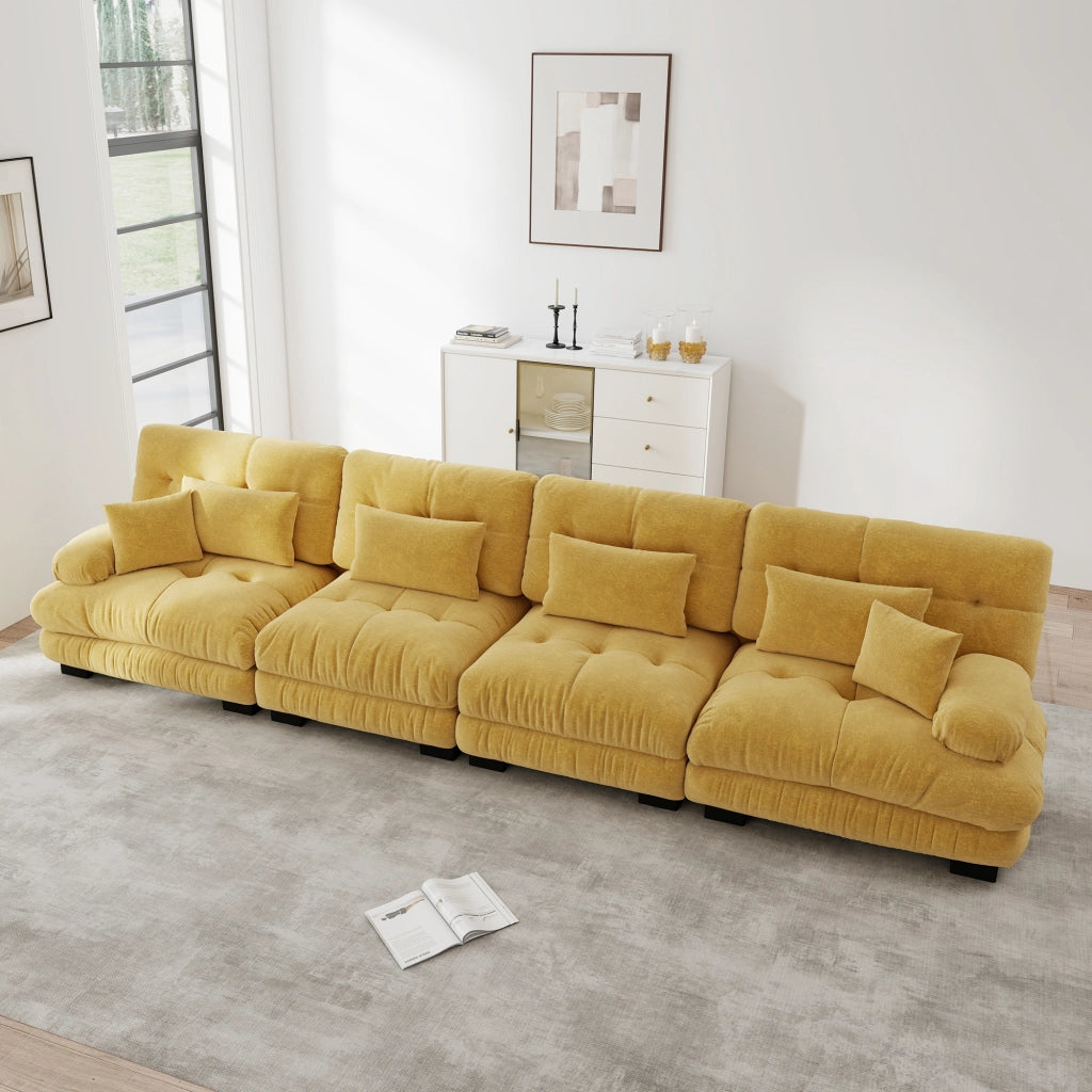 Divano modulare angolare in ciniglia con seduta profonda e cuscini decorativi e lombari giallo 406 × 77 × 81 cm
