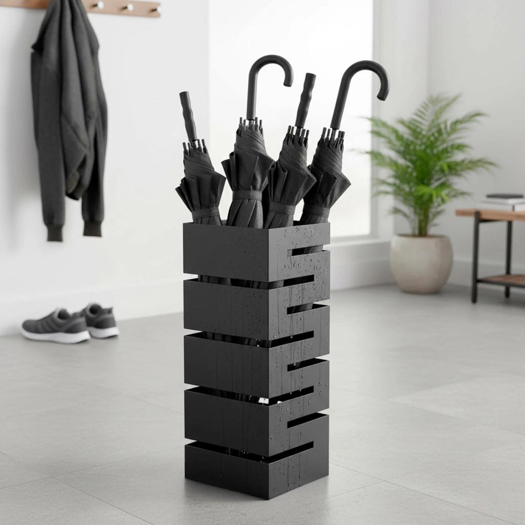 Portaombrelli In Acciaio Zincato Per Interno Esterno Con 2 Ganci Removibili Vaschetta Scolapioggia Base Antiscivolo Design Moderno Struttura Robusta 49 X 15,5 X 15.5 Cm Nero