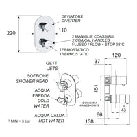 Rubinetto doccia nero opaco con deviatore a tre vie su unica piastra - serie minimal thermo