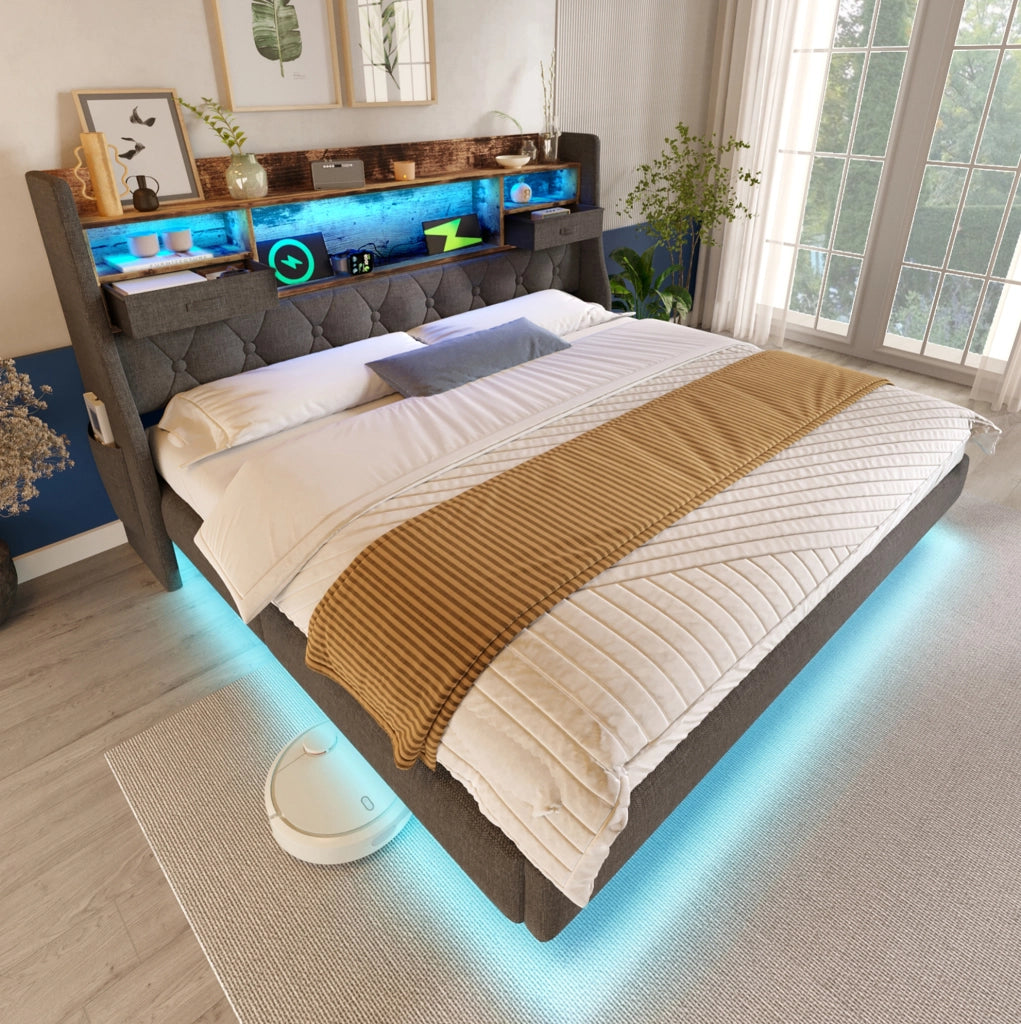 Letto imbottito con luci LED, testiera contenitore e prese di ricarica, grigio