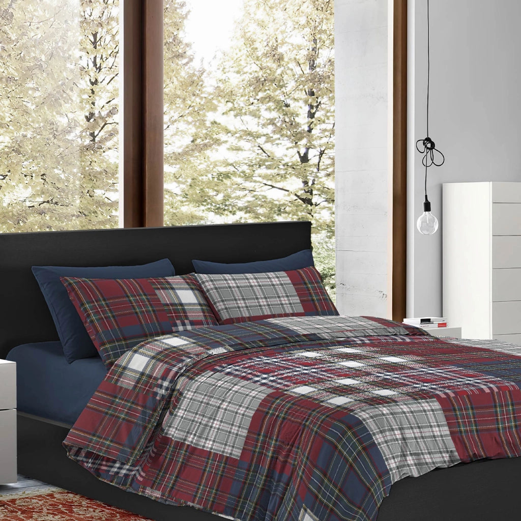 Copripiumino Matrimoniale No Stiro Sacco e Federe Effetto Raso Parure Microfibra Morbida Anallergica Mano Pesca  Tartan shade - Matrimoniale