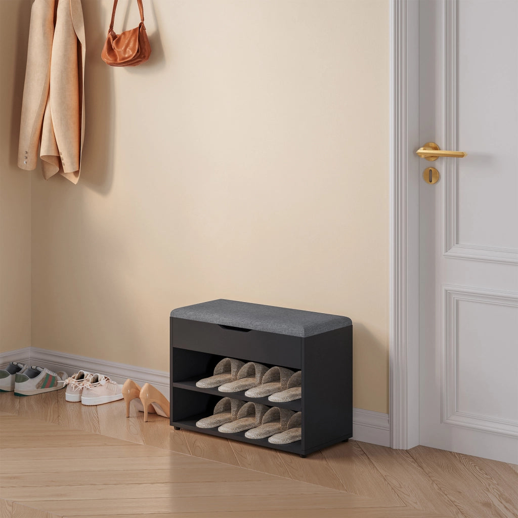 Panchina Portascarpe con Seduta Apribile (AxLaxP) 46 x 60 x 30 cm Panca da Ingresso/Corridoio Mobiletto con Seduta Imbottita, Contenitore e 2 Ripiani - Nero/Grigio