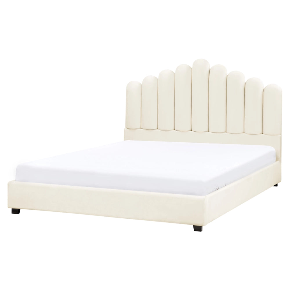 Letto matrimoniale ad acqua in velluto bianco sporco 160 x 200 cm testata alta a conchiglia stile classico retrò