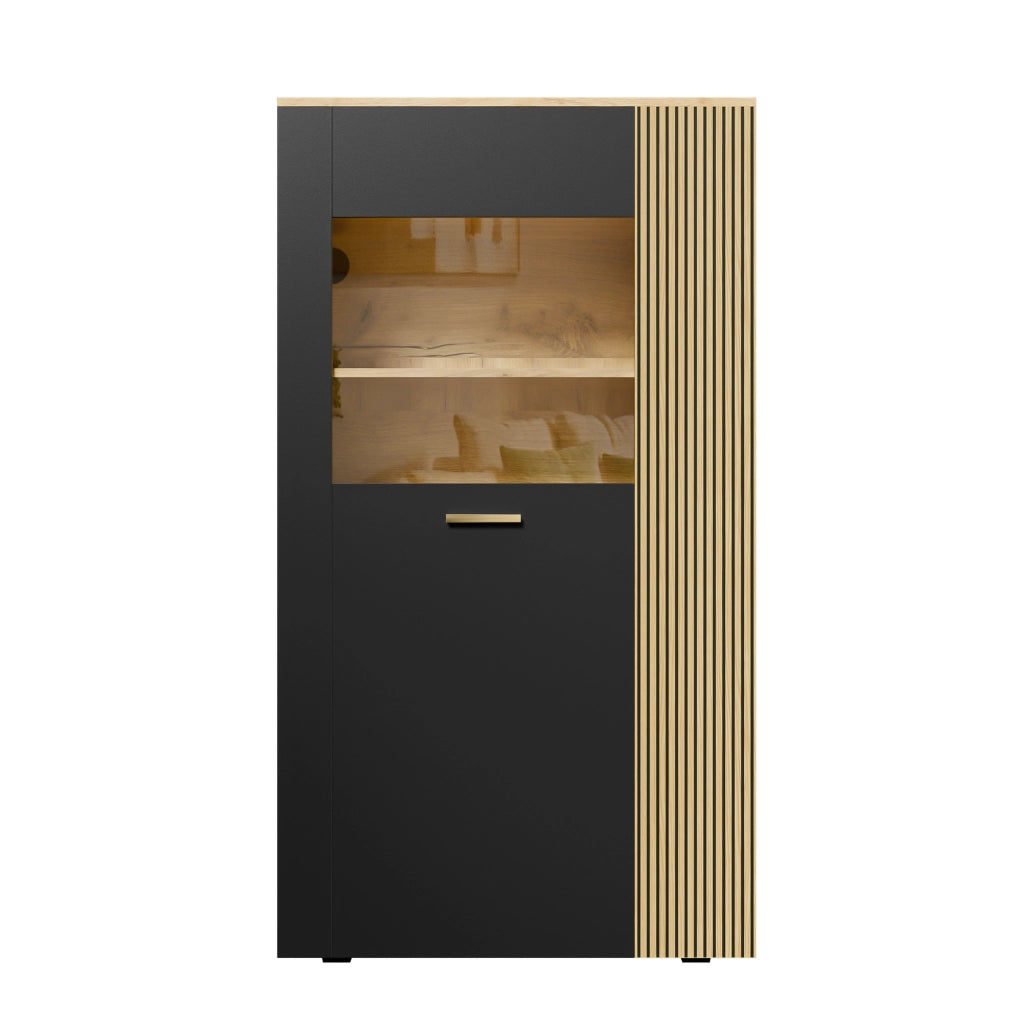 OKWISH Mobile contenitore con 1 anta in vetro, 3 ripiani fissi e 2 regolabili, LED e passacavi, 80 x 40 x 146 cm