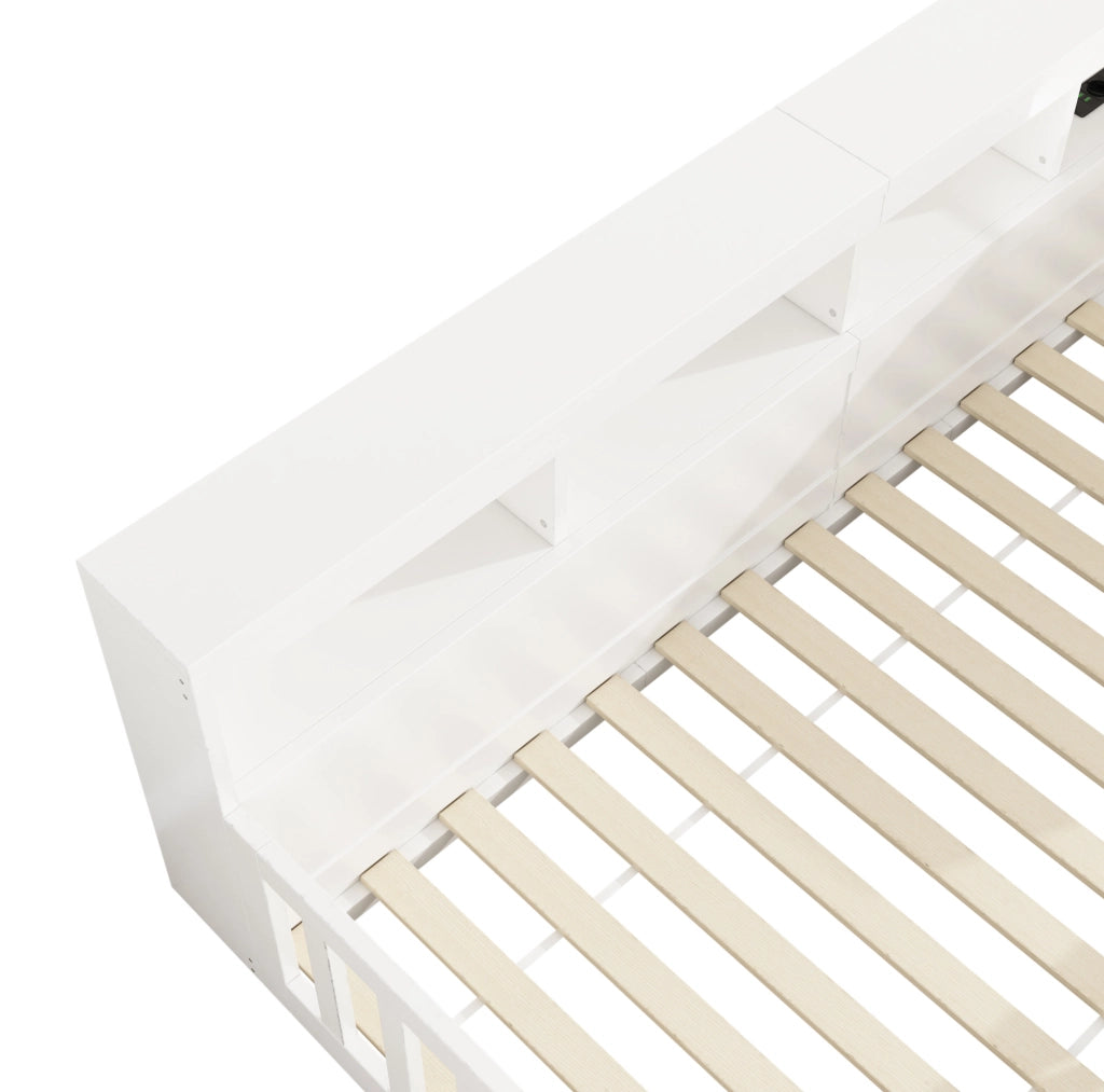 Letto 222.2x113.3x70 cm con prese USB e vano portaoggetti in truciolato e MDF bianco