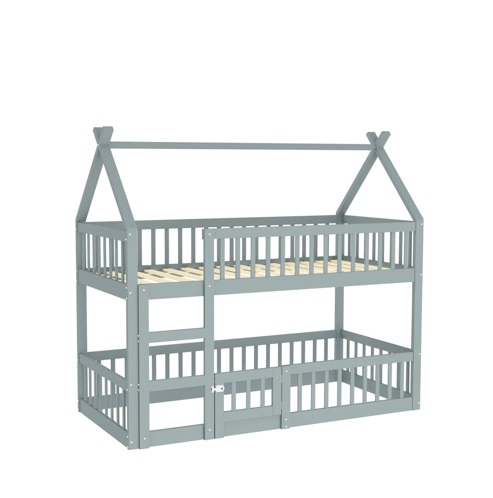 Letto a castello per bambini 90x200 cm con scala integrata e design salvaspazio grigio