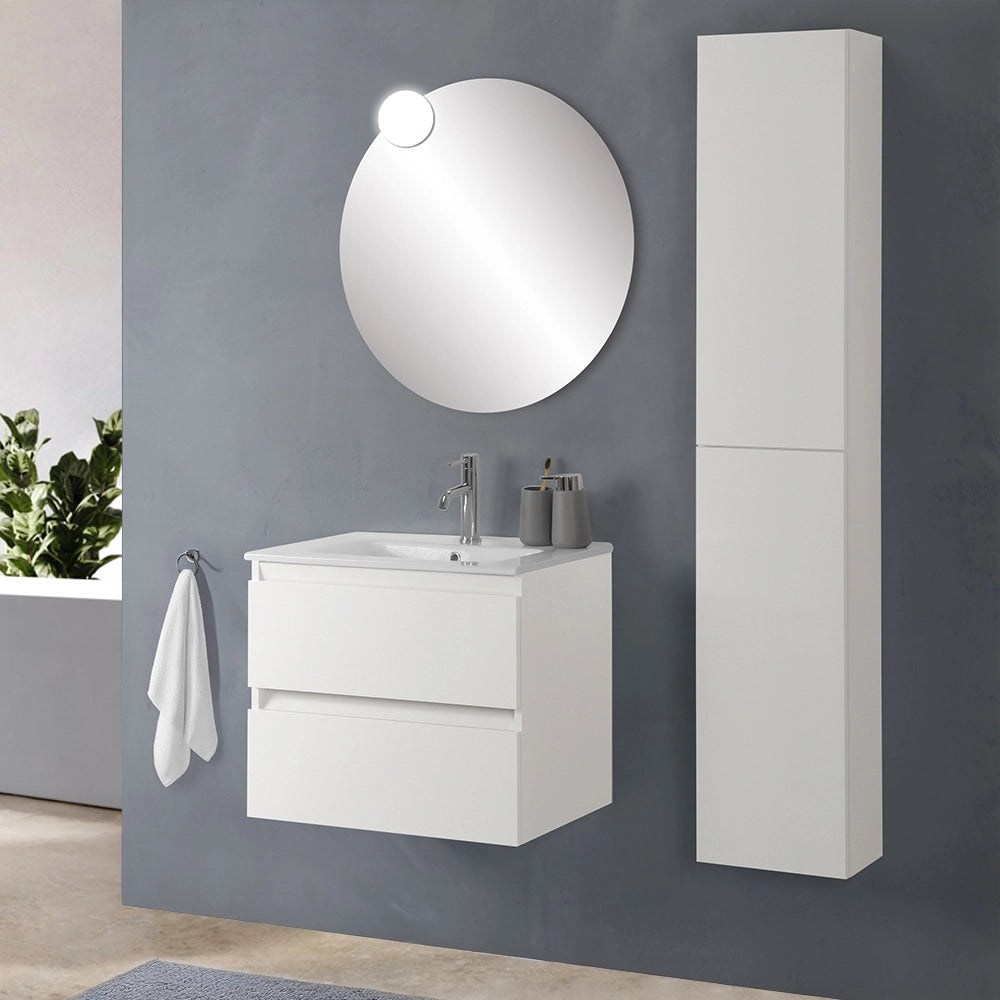 Colonna bagno sospesa H160 cm in legno bianco lucido con ripiani Leda