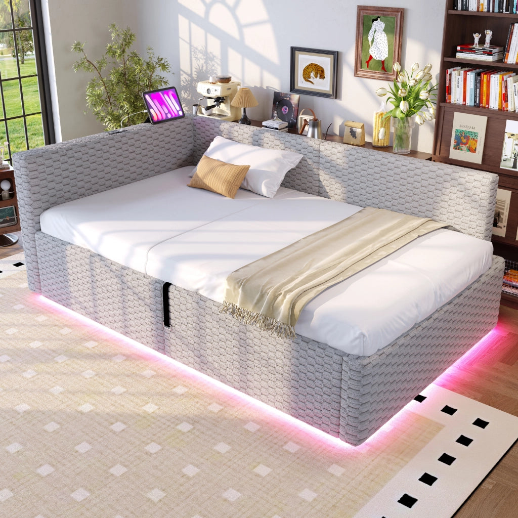 Letto imbottito singolo 90×200 cm con contenitore; LED; USB e Type-C; senza materasso; velluto grigio