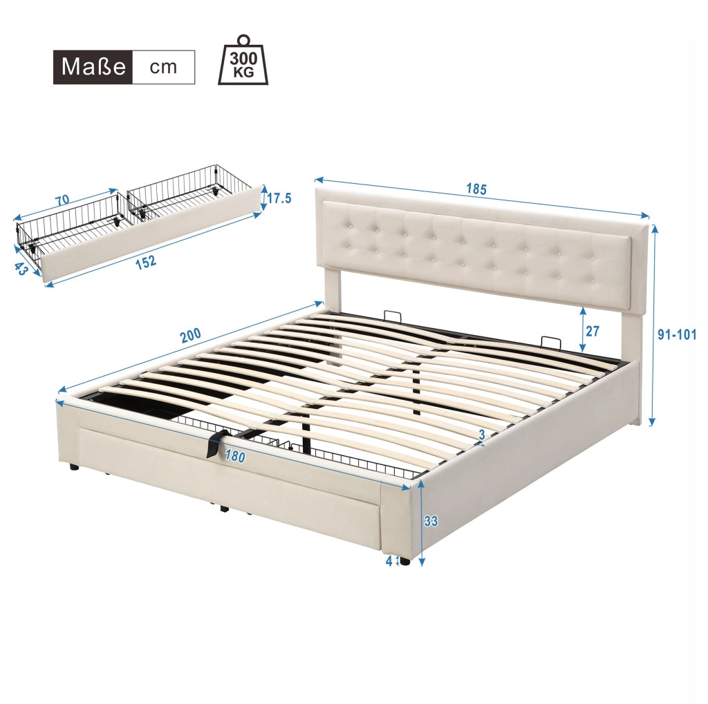 Letto matrimoniale contenitore con cassetti; testiera regolabile; velluto; 180x200 cm; beige