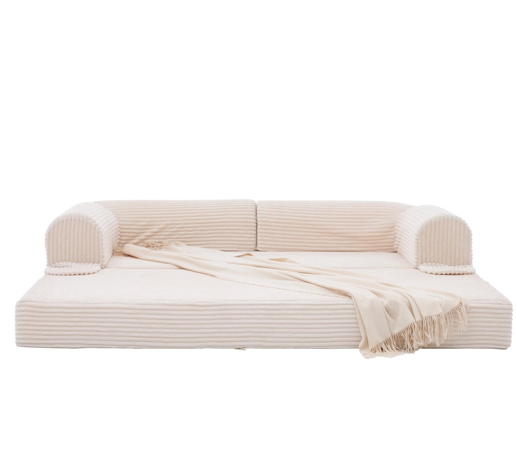 Divano letto 2 posti convertibile in stile futon, in tessuto a coste beige, salvaspazio per soggiorno e ospiti