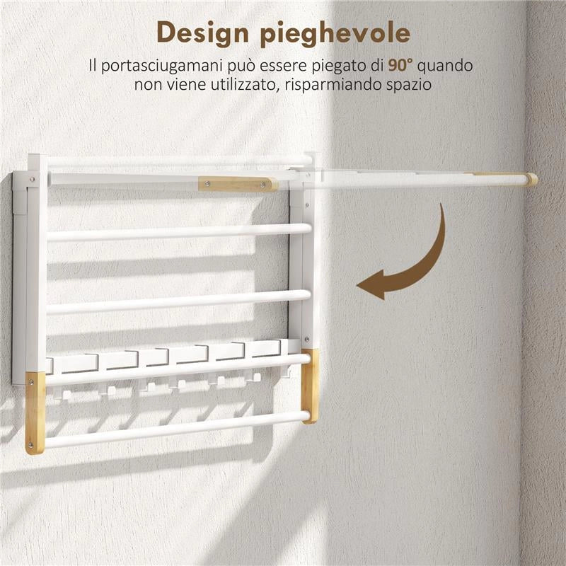 PORTASCIUGAMANI A PARETE PIEGHEVOLE CON 5 BARRE E 6 GANCI IN LEGNO E ACCIAIO, 60X32.5X20 CM, BIANCO