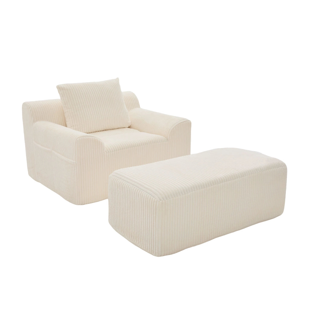 OKWISH Poltrona con Poggiapiedi in Velluto a Coste Seduta Profonda con Tasche Laterali e Cuscino Beige