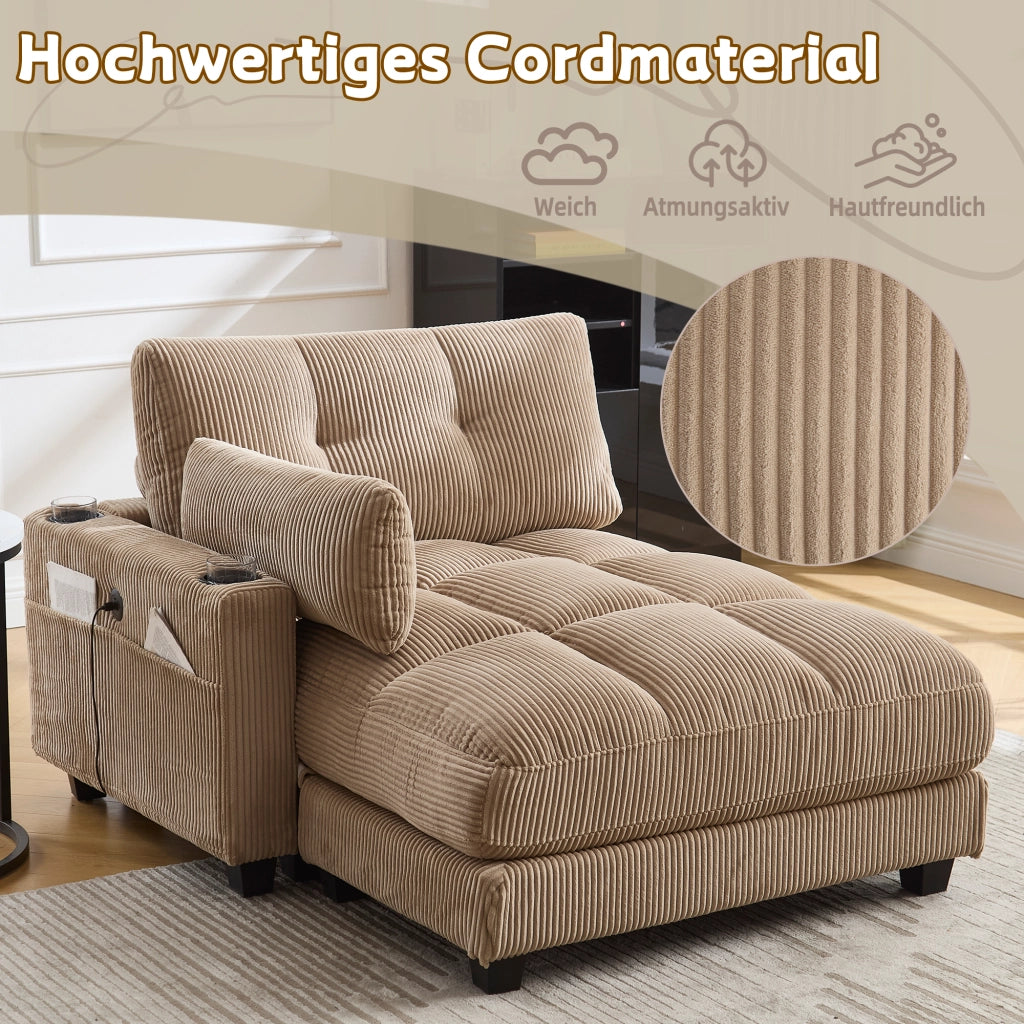 SESSEL Lounge 140x112x81 cm Tessuto Corduroy Khaki con 3 portabicchieri