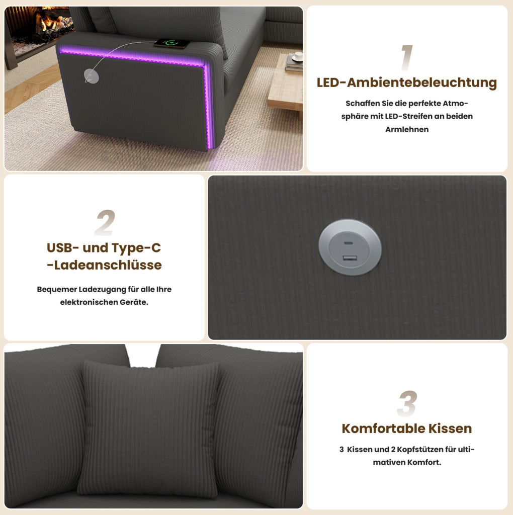 Divano angolare modulare con LED Bluetooth; USB e USB-C; in velluto a coste grigio; 198×198 cm