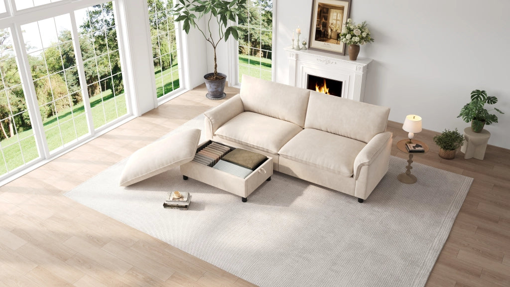 Divano modulare con pouf mobile e contenitore, seduta profonda in ciniglia beige, schienale alto 216 × 77 × 82 cm