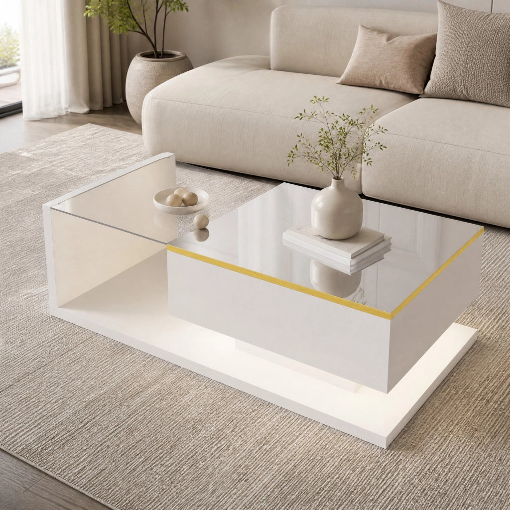 Tavolino da caffè bianco lucido 100 cm con vetro e luce LED