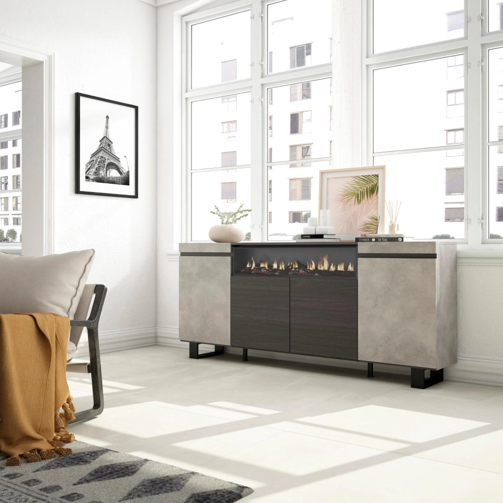 Credenza, Mobile, 200x35x87cm, 4 Porte, Camino elettrico, Design industriale, grigio cemento RF2307