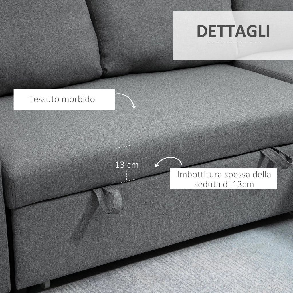 EasyComfort Divano Letto 3 Posti e Penisola con Contenitore, Rivestimento Tessuto Effetto Lino, 211.5x146x85cm