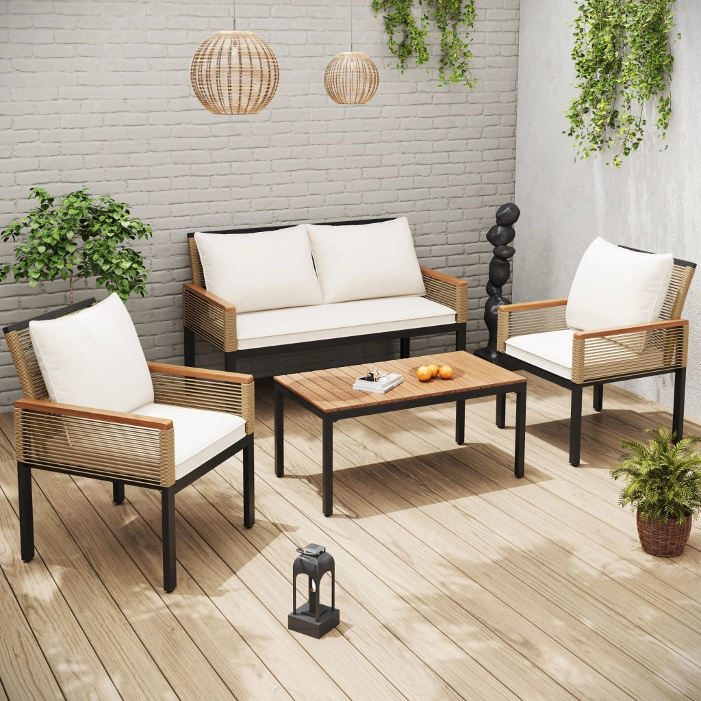 Set Divano da Giardino Polyrattan con Cuscini, 2 Poltrone e Tavolino ¨C MINIMAL ¨C Beige
