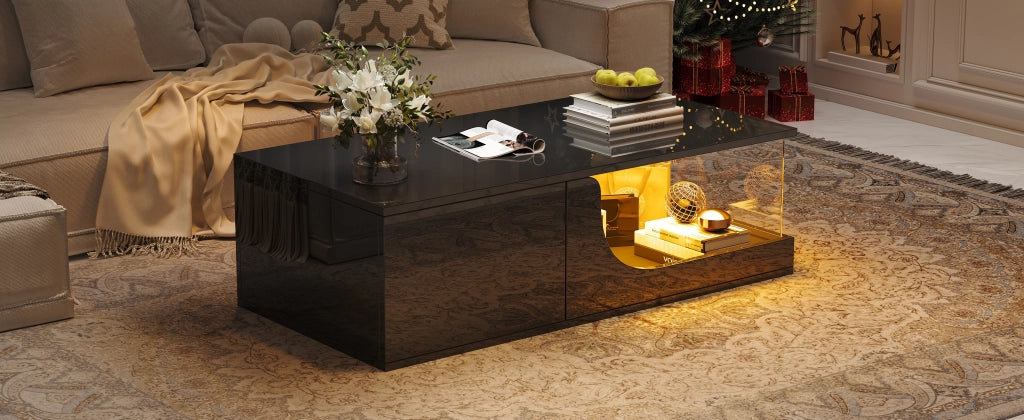 Tavolino da salotto nero lucido con LED e 2 cassetti 100x50x30 cm