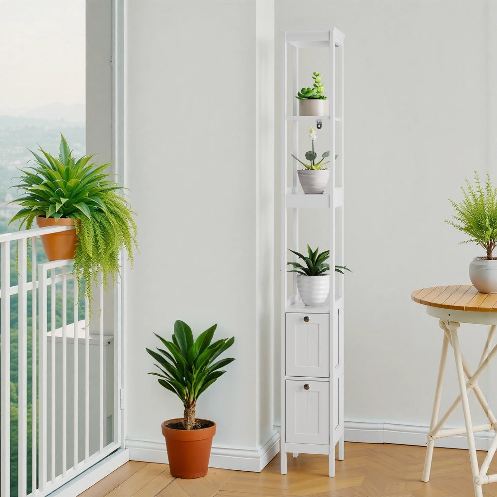 Mobile colonna bagno stretto salvaspazio, 20 x 30 x 160 cm, bianco, con 2 cassetti e 3 ripiani aperti