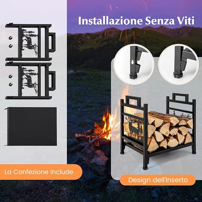 Porta Legna in Metallo, Portalegna con Doppia Impugnatura, Base Solida e Motivi Adorabili di Cervi e Alberi, Legnaia da Interno Esterno, Installazione Senza Attrezzi, Portata 60 kg