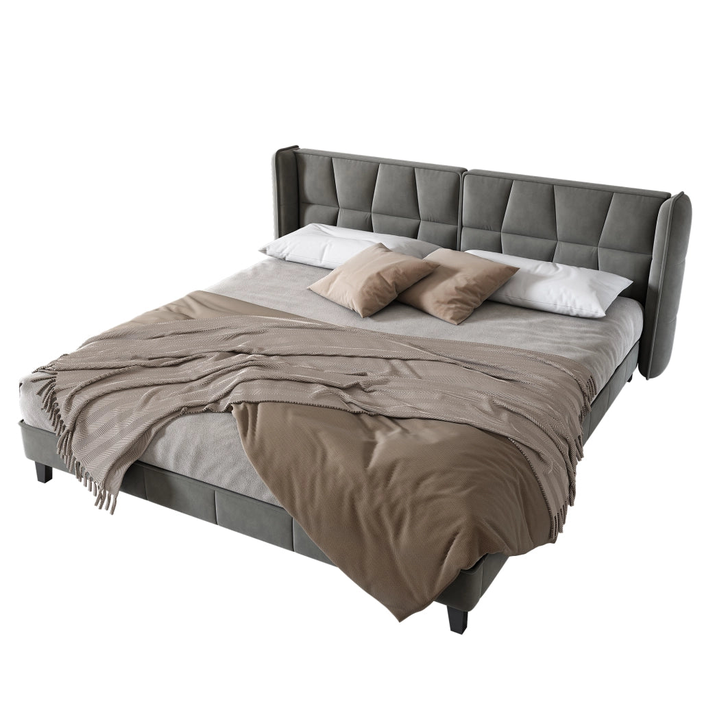 OKWISH Letto Matrimoniale 180×200 cm con Testiera Imbottita, Doghe in Legno e Piedini di Rinforzo, senza Materasso, Velluto Grigio