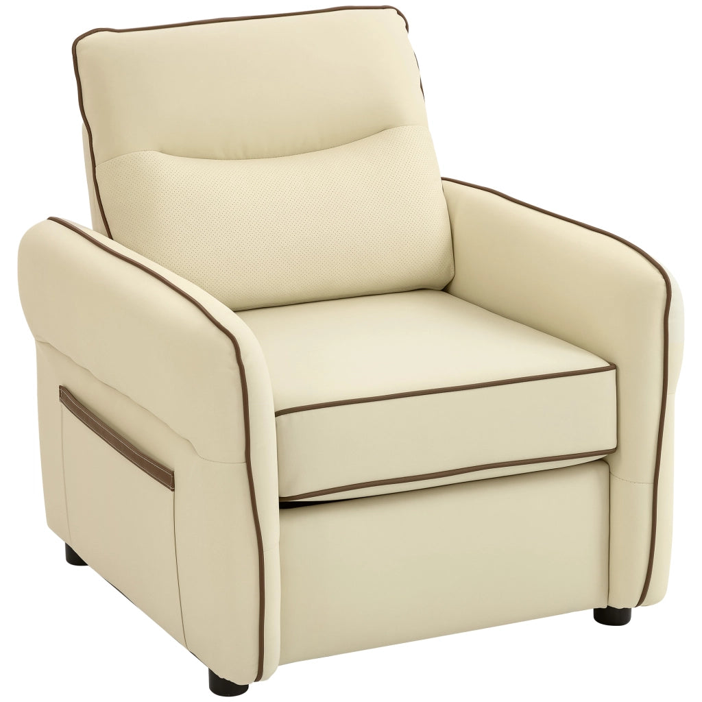 Poltrona da Salotto Moderna con Imbottitura Spessa Tasca Laterale e Rivestimento in Finta Pelle Beige