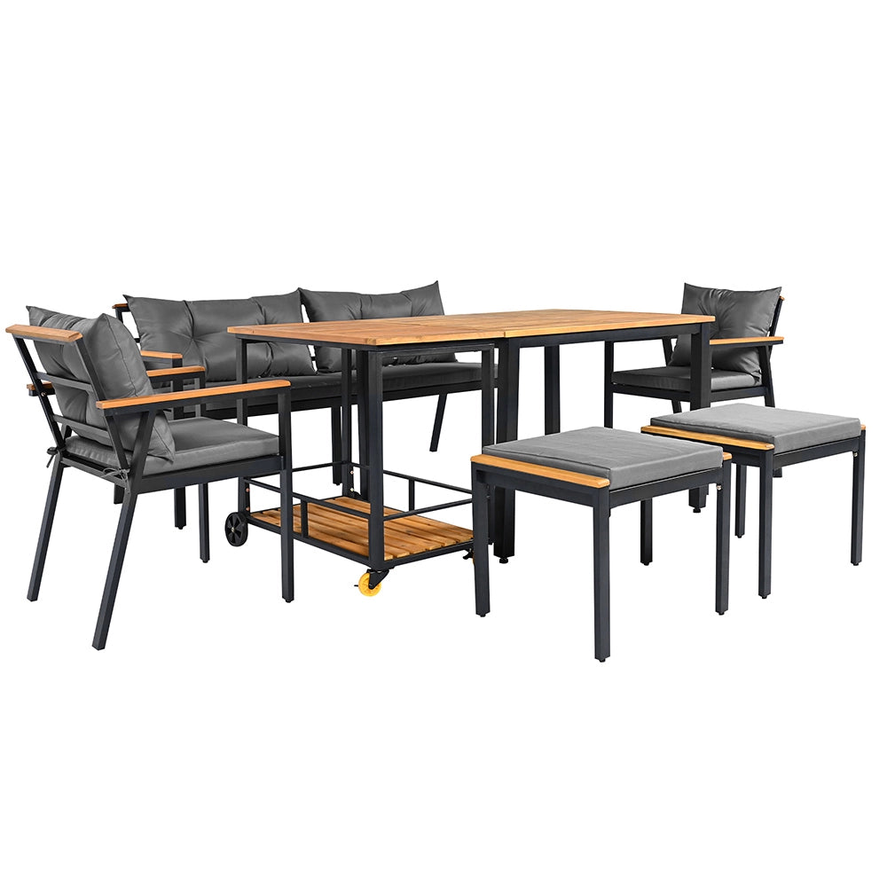Set da giardino in acacia 6-7 posti - Xylo - Sedie + carrello pasti con fodere lavabili